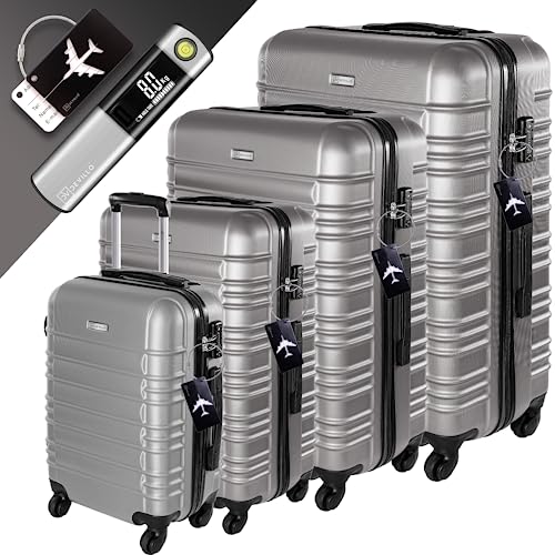 Devilla® hard-shell suitcase set, suitcase set 4 pieces. SML-XL, Silver - Hard Shell Trolley Suitcase...